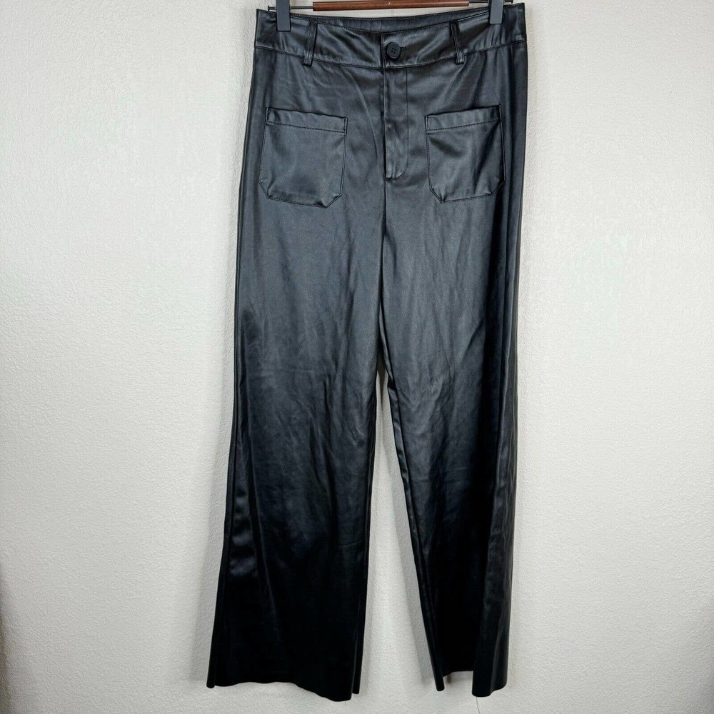 Cider Womens Wide Leg Pants Sz Medium Black Faux Leather High Rise Patch Pockets